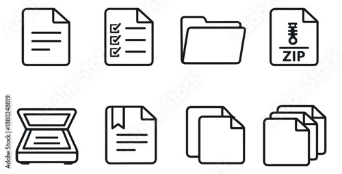 Line art document and file icon set featuring folders, zip files, scanners, and checklists for data management