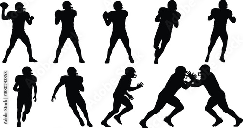 Black American football player silhouettes set featuring athletes throwing running tackling and catching in various professional sports poses on white background.