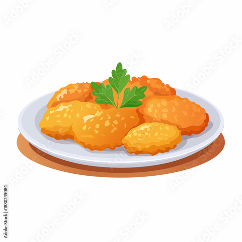 Golden Brown Chicken Nuggets Served on a White Plate Garnished with Fresh Parsley Sprig Offering a Delicious Appetizer or Meal Option