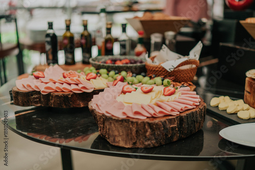 Luxury hotel breakfast buffet with fresh food and modern interior.