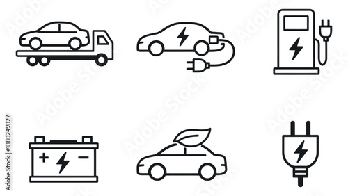 Line art electric vehicle icons set featuring electric cars, charging stations, batteries, and plugs for sustainable transportation