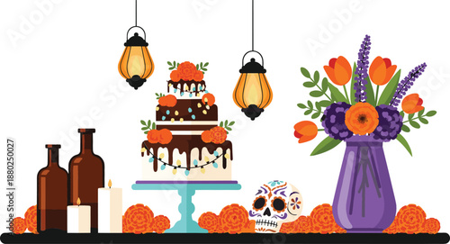 Traditional Day of the Dead altar with decorated sugar skull tiered chocolate cake orange marigolds and hanging lanterns for Mexican celebration vector