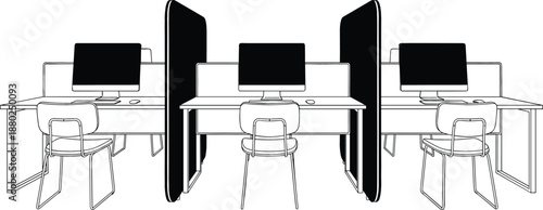 Minimalist line art illustration of modern office cubicle workstations with computers and chairs for corporate workspace interior design concept vector