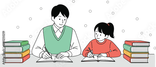 Young male teacher or father helping little girl with school homework and studying with piles of books in classroom or home vector