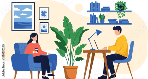 Young man working on laptop at desk while woman sits in armchair with coffee in cozy modern home office interior flat vector