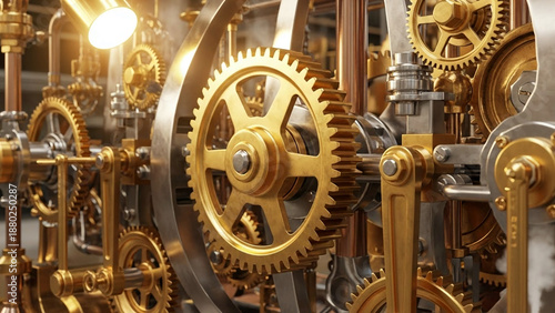 Intricate steampunk machinery with golden gears and cogs in motion