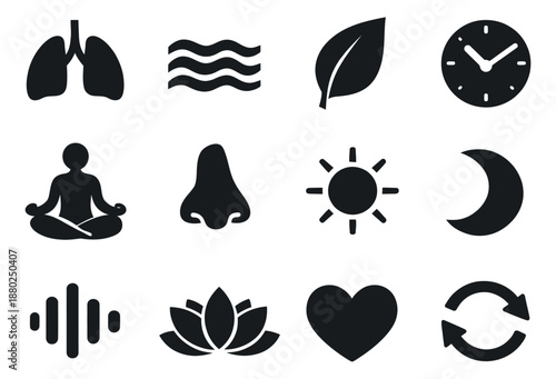 Modern pictogram icon set featuring elements of well-being, nature, and human senses for health and wellness applications
