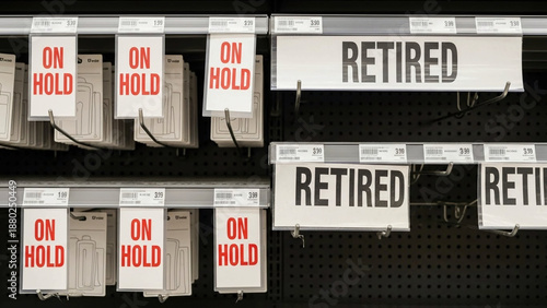 Store shelves with on hold and retired product labels