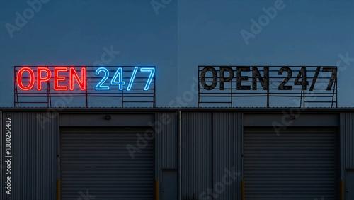 Warehouse with open 24/7 neon signs on rooftop at dusk