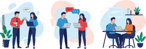 Business people set working on laptops discussing ideas and collaborating in different office scenarios for corporate teamwork concept vector