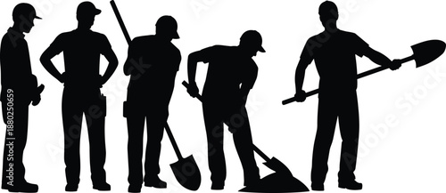 Black silhouette construction workers digging with shovels standing together isolated on white background labor industry teamwork illustration set