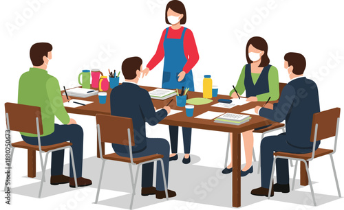 Diverse business team wearing medical face masks during office meeting at conference table for health safety and corporate collaboration vector illustration
