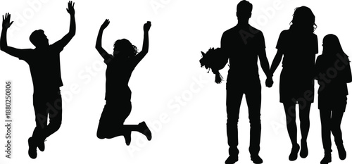 Black silhouette happy family jumping and walking together isolated on white background celebration love lifestyle people illustration set