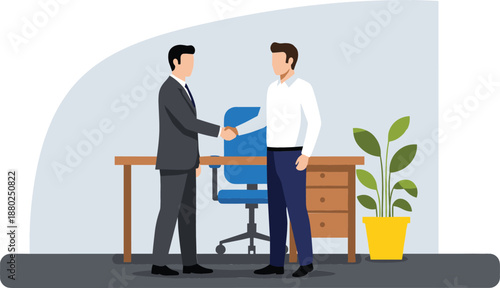 Flat vector illustration of two businessmen shaking hands in a modern office after successful negotiation or job interview