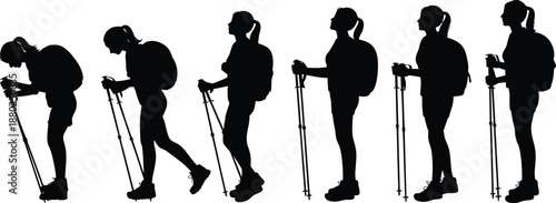 Black silhouette hikers with backpacks trekking poles walking isolated on white background outdoor adventure travel hiking illustration set