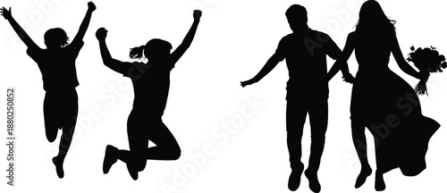 Black silhouette happy people jumping and couple walking together isolated on white background celebration love lifestyle illustration set