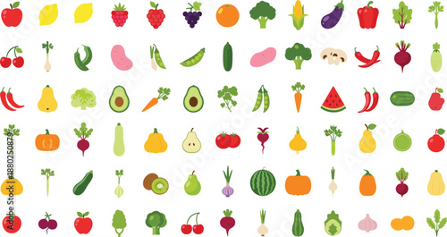 Large collection of colorful flat vector icons featuring various fresh fruits and vegetables for healthy lifestyle and nutrition designs