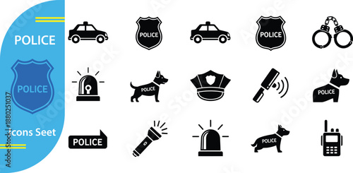 Collection of black police including car badge handcuffs dog hat siren flashlight and radio on white background with blue and yellow