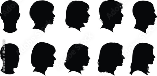 Human head profile silhouette set showing male and female faces hairstyles identity avatar shadow vector illustration collection design icons isolated