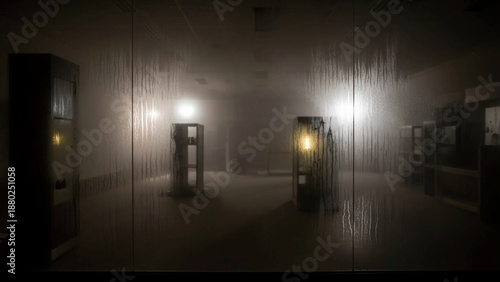 Abandoned office space with dimly lit corridors and foggy atmosphere