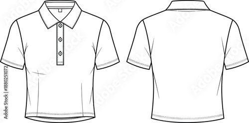 Short sleeve polo shirt technical fashion illustration front back view CAD flat vector apparel outline sewing pattern template design garment