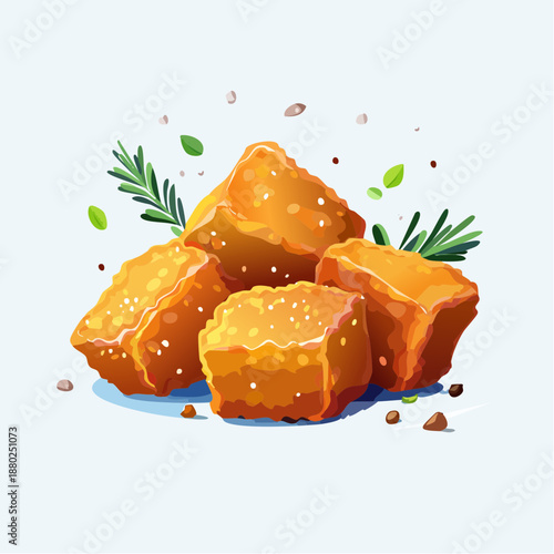 Golden Brown Crispy Chicken Nuggets With Rosemary Sprigs And Coarse Sea Salt Sprinkled On A Light Blue Background With Subtle Shadows And Highlights A Delicious Appetizer Dish