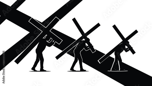 Silhouette illustration of Jesus Christ carrying cross on Calvary hill, Christian faith concept, Easter sacrifice symbolism, biblical spiritual devotion art