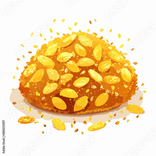 Golden Fried Round Pastry Topped with Sliced Almonds and Sprinkled Sesame Seeds on a White Background with Scattered Crumbs