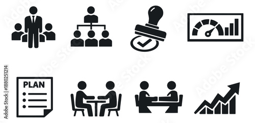 Modern business icons set featuring team, hierarchy, approval stamp, performance metrics, plan document, discussions, and growth chart for company strategy and operations