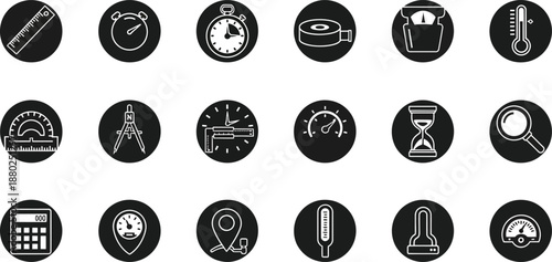 Collection of white science and measurement instrument on black circles ruler stopwatch