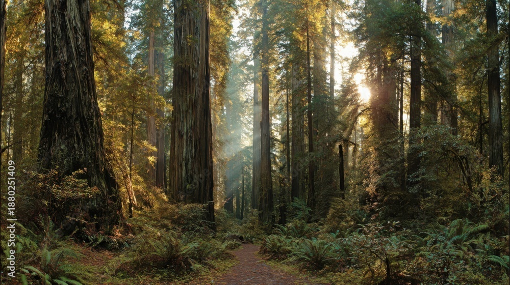 Fototapeta premium Sunlight streams through tall ancient redwood trees illuminating a forest floor carpeted with fallen leaves and ferns on a tranquil trail