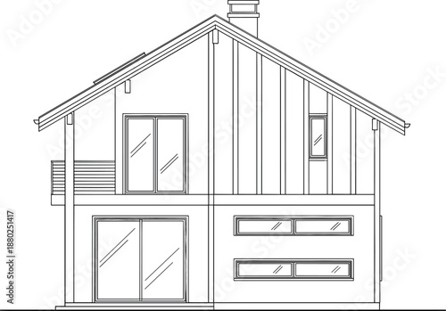 Modern two story residential house elevation architectural line art drawing for real estate construction and home renovation planning