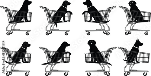 Dog silhouette illustration set showing puppies sitting inside shopping carts playful pet concept vector collection retail humor design