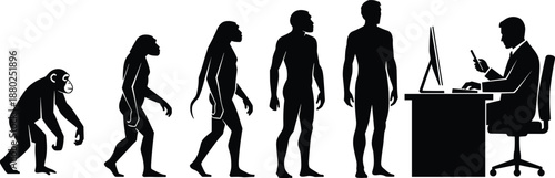 Human evolution silhouette illustration showing primate to modern man progression ending with office worker technology concept vector design business society