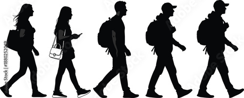 Walking people silhouettes men women with backpacks casual lifestyle crowd movement black vector illustration isolated white background modern minimalist design