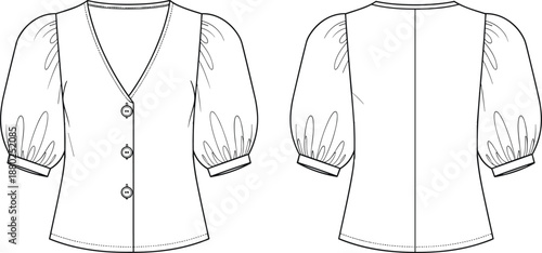 Women short puff sleeve blouse technical fashion illustration front back view CAD flat vector buttoned apparel outline sewing pattern