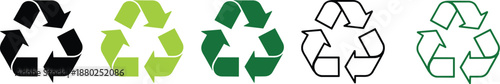 Recycling symbol variations, black green blue arrows, eco-friendly design, sustainability icon, waste management, environmental conservation graphic