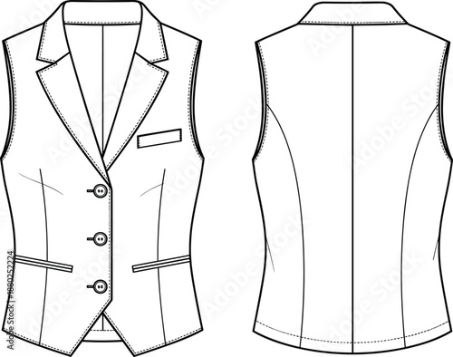 Women tailored sleeveless vest waistcoat technical fashion flat sketch front and back view apparel design vector illustration for clothing manufacturing