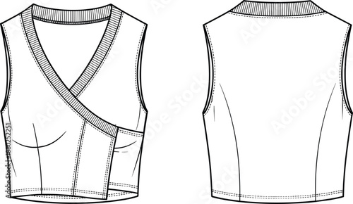 Women wrap style sleeveless cropped top technical fashion flat sketch front and back view apparel design vector illustration