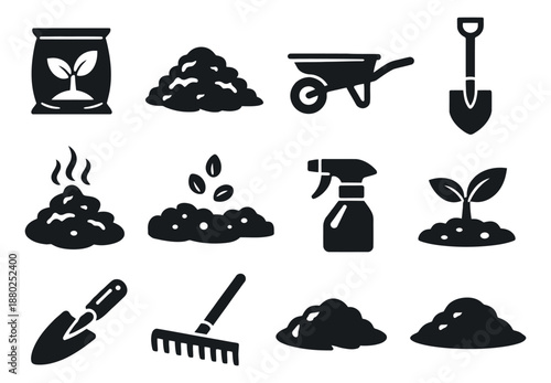 Black glyph gardening and agriculture icons set featuring soil, seeds, compost, plants, and tools for organic farming and horticulture illustrations