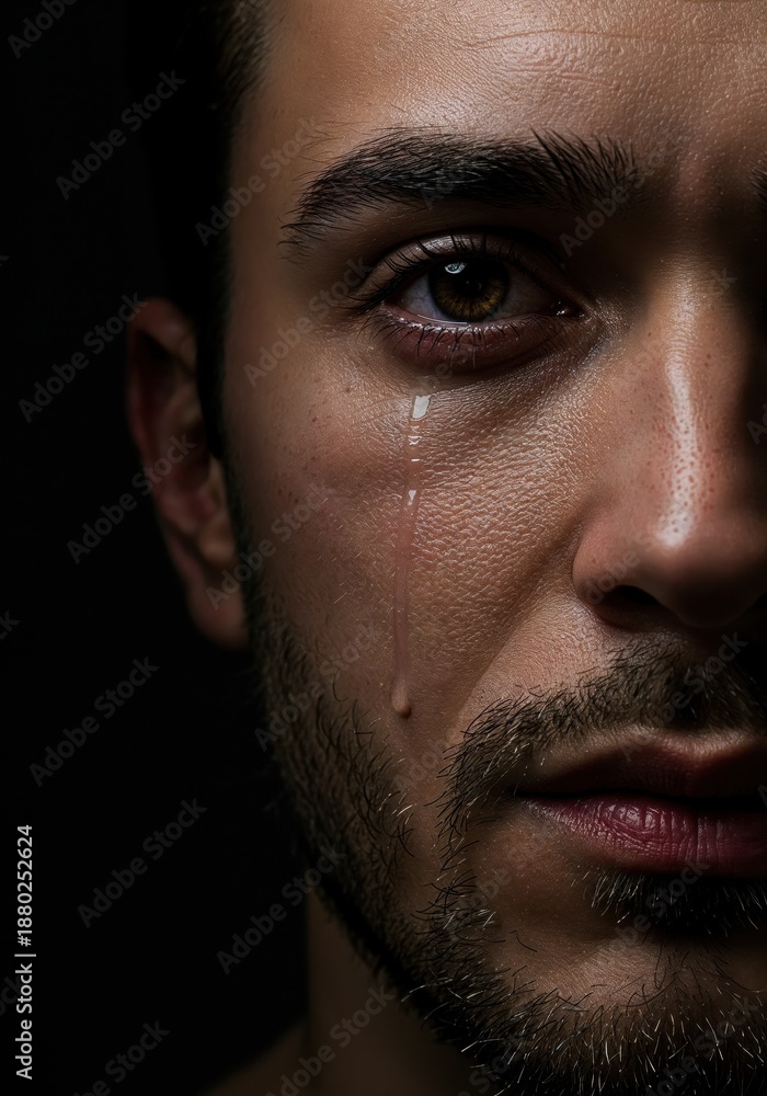 Fototapeta premium Solitude in Sadness: A portrait of introspection, revealing a moment of deep emotional vulnerability as a single tear traces a path down a man's face, speaking volumes about the human condition. 
