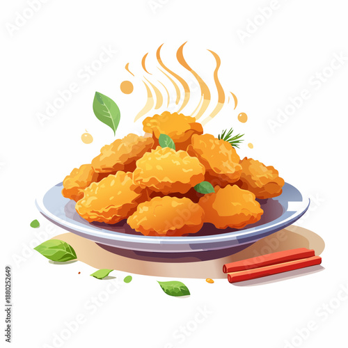 Crispy golden brown chicken nuggets piled high on a white plate garnished with fresh green herbs and steam rising indicating a hot delicious meal perfect for a restaurant menu or food advertisement