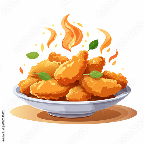 Crispy Golden Fried Chicken Wings Platter with Fresh Green Basil Leaves and Fiery Orange Flames Rising Above a White Bowl on a Warm Orange Background with Soft Shadows
