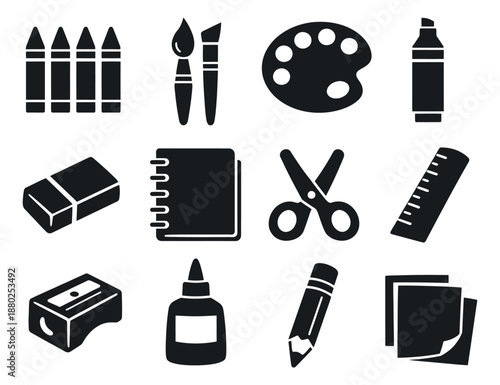 Modern silhouette school supplies and stationery set featuring crayons, paint brushes, palette, scissors, and pencils for education and art projects