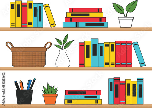Vector illustration of wooden bookshelves with colorful books potted plants wicker basket and stationary holder isolated on white background for interior design and education.