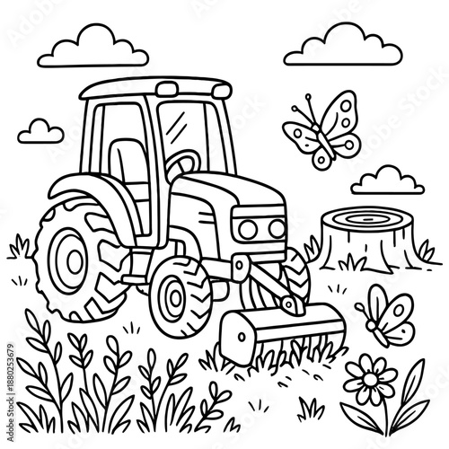 Farm Tractor Coloring Page: An illustration depicts a sturdy farm tractor amidst a scene of natural elements and agricultural details.