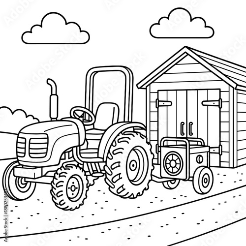 Farm Tractor and Shed Illustration: A meticulously drawn illustration showcases a vintage farm tractor, coupled with a small trailer, parked next to a classic wooden shed under a serene sky. 