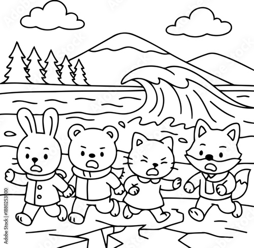 Running Animals in an Emergency: A group of cartoon animals runs away from a giant wave. Capturing a moment of panic in the face of nature's power.
