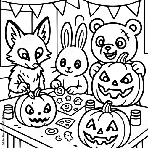 Spooky Halloween Gathering: A charming and playful illustration of animal friends gathered around a table, carving pumpkins in preparation for a festive Halloween celebration.