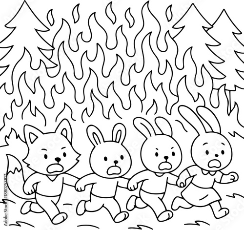 Wildfire Escape: A group of frightened animals flee from an uncontrollable wildfire, running in unison through the burning forest, embodying panic and the fight for survival.